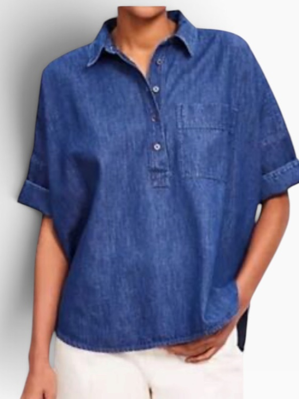 LOFT Blue Chambray Denim Oversized Henley Botton Short Sleeve Top XS